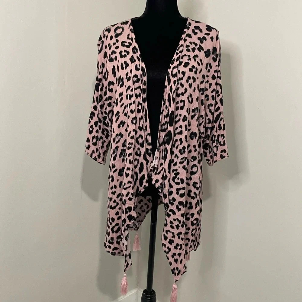 Paper Moon Pink Animal Print Kimono Wrap Cardigan Topper with Tassles
